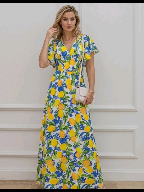 Dresses & Skirts - Floral Lemon Print V-Neck Midi Dress - Yellow & Blue